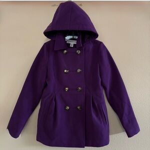 London Fog Girls Purple Double-breasted Hooded Pea Coat Jacket Size 14/16
